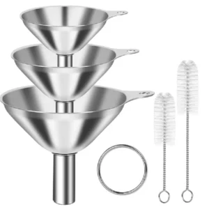 3 Stainless Steel Kitchen Funnel Set with 2 Brushes – Food Grade No-Spill Design
